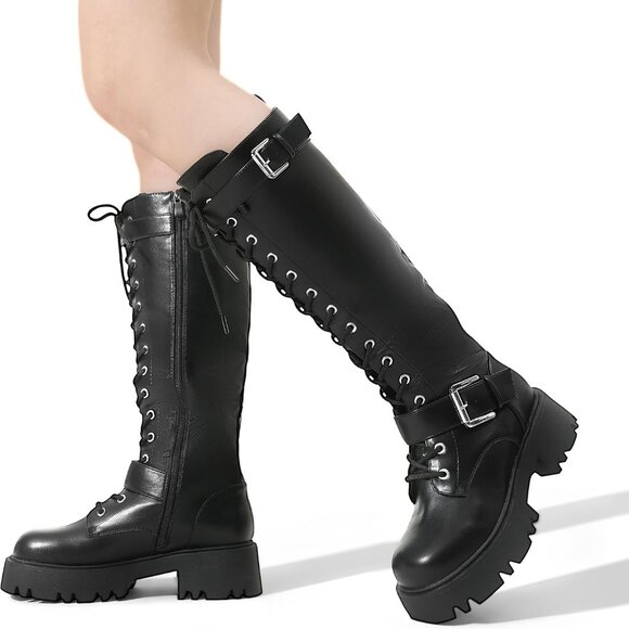 Women's Combat Riding Platform Knee High Boots, Lace Up Fall Lug Sole Gothic Mot - Picture 7 of 7